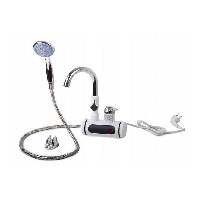 Gennemstrømsvandvarmer m. sprayer og LCD display 3000W/230V IPX4 hvid
