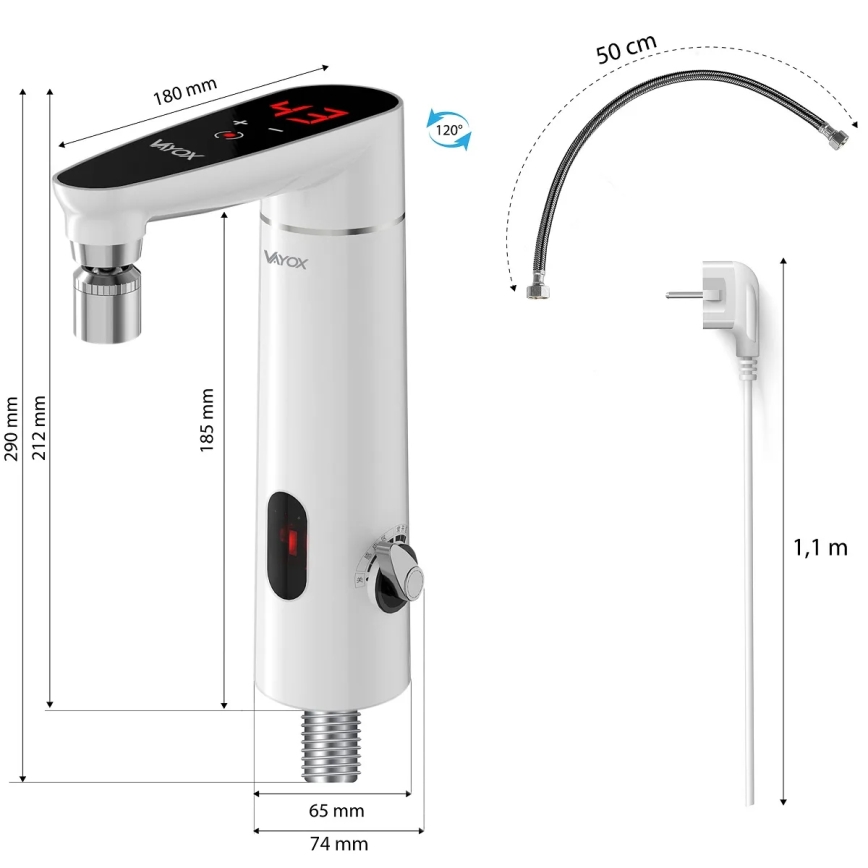 Gennemstrømsvandvarmer m. touch-funktion med sensor og LED display 3000W/230V IPX4 hvid