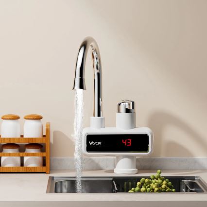 Gennemstrømsvandvarmer med LED-lys display 3000W/230V IPX4 hvid