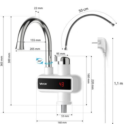Gennemstrømsvandvarmer med LED-lys display 3000W/230V IPX4 hvid