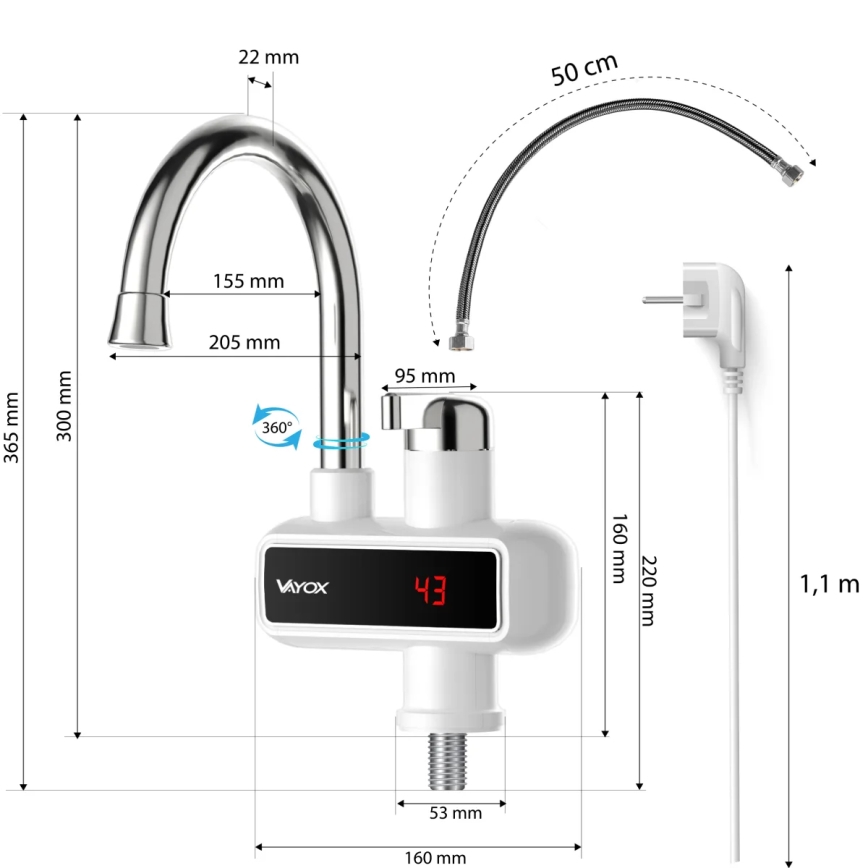 Gennemstrømsvandvarmer med LED-lys display 3000W/230V IPX4 hvid
