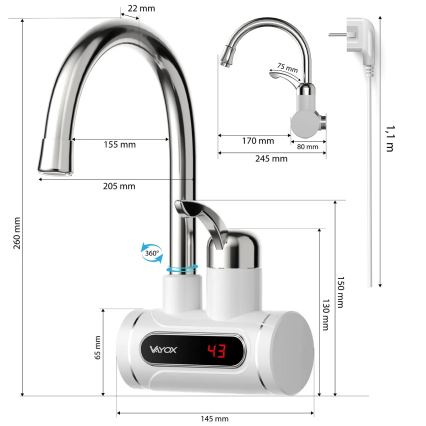 Gennemstrømsvandvarmer med LED-lys display 3000W/230V IPX4 hvid