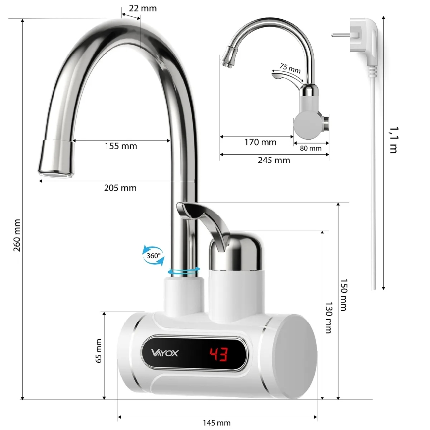 Gennemstrømsvandvarmer med LED-lys display 3000W/230V IPX4 hvid