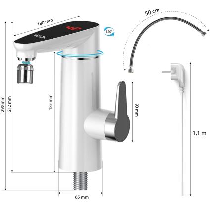 Gennemstrømsvandvarmer med LED-lys display 3000W/230V IPX4 hvid
