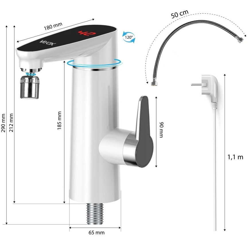 Gennemstrømsvandvarmer med LED-lys display 3000W/230V IPX4 hvid