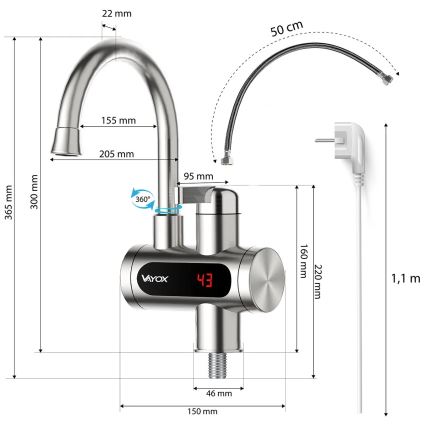Gennemstrømsvandvarmer med LED-lys display 3000W/230V IPX4 rustfri