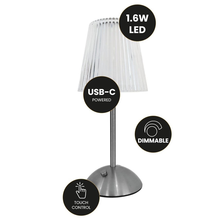 Genopladelig LED bordlampe m. touch-funktion dæmpbar ELBA LED/1,6W/800 mAh mat krom/transparent