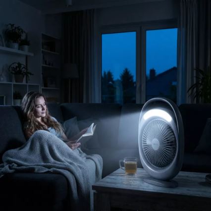 Genopladelig LED-bordventilator med LED-belysning LED/2,8 W/5 V USB 2400 mAh grå