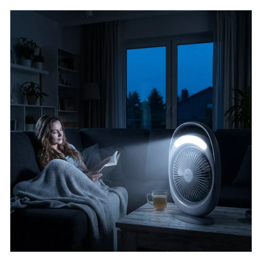 Genopladelig LED-bordventilator med LED-belysning LED/2,8 W/5 V USB 2400 mAh grå