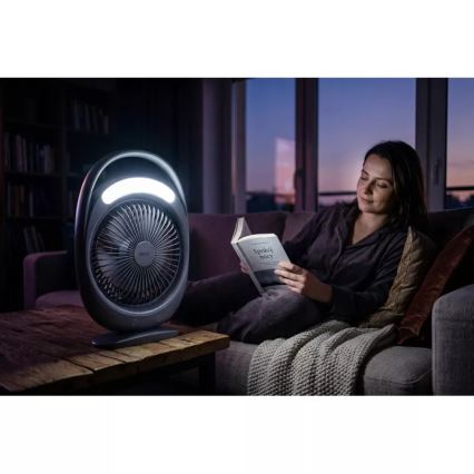 Genopladelig LED-bordventilator med LED-belysning LED/2,8 W/5 V USB 2400 mAh grå