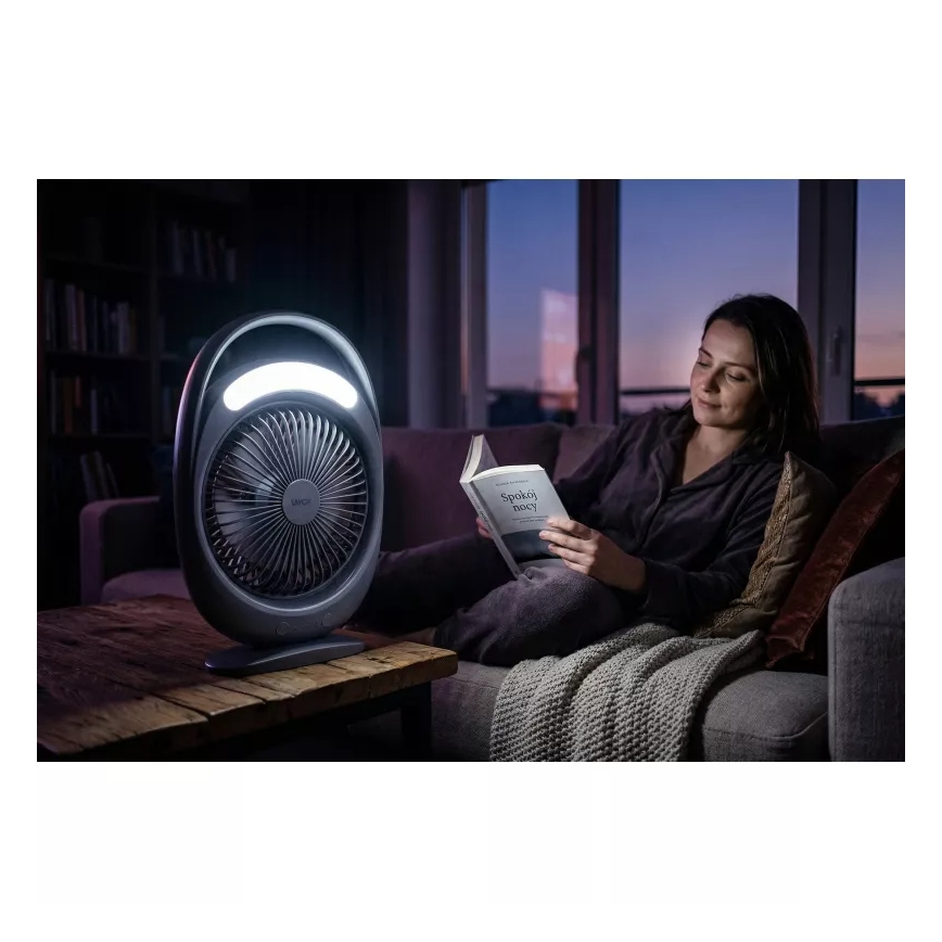 Genopladelig LED-bordventilator med LED-belysning LED/2,8 W/5 V USB 2400 mAh grå