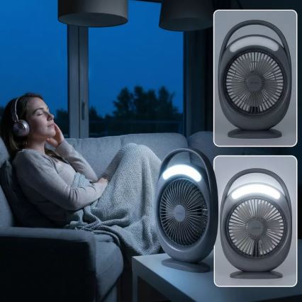 Genopladelig LED-bordventilator med LED-belysning LED/2,8 W/5 V USB 2400 mAh grå