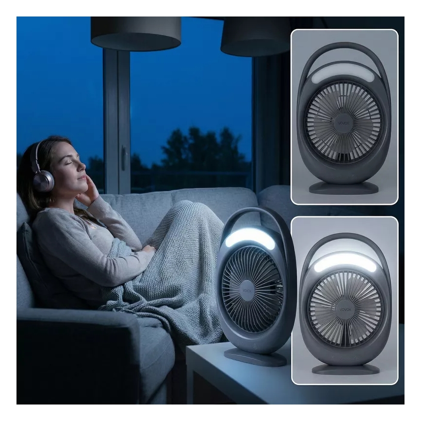 Genopladelig LED-bordventilator med LED-belysning LED/2,8 W/5 V USB 2400 mAh grå