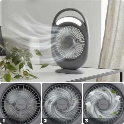 Genopladelig LED-bordventilator med LED-belysning LED/2,8 W/5 V USB 2400 mAh grå