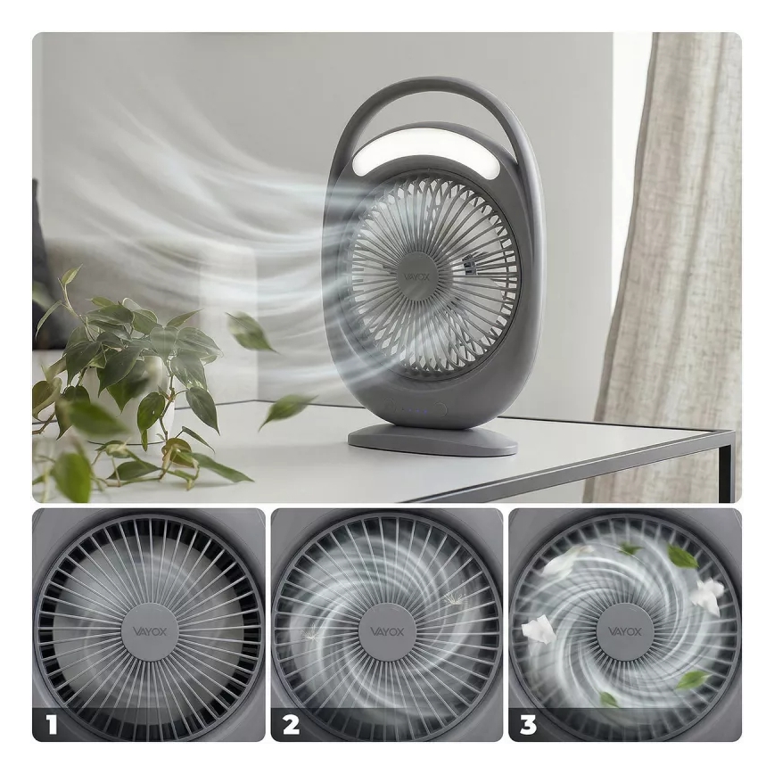 Genopladelig LED-bordventilator med LED-belysning LED/2,8 W/5 V USB 2400 mAh grå