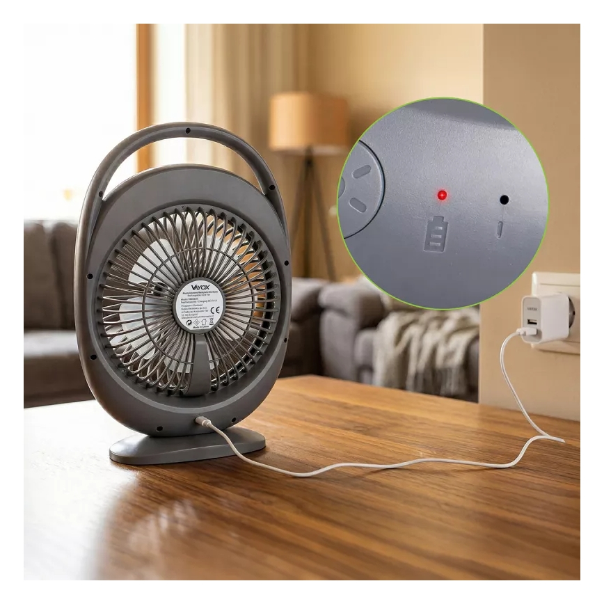 Genopladelig LED-bordventilator med LED-belysning LED/2,8 W/5 V USB 2400 mAh grå