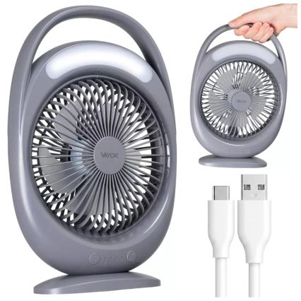 Genopladelig LED-bordventilator med LED-belysning LED/2,8 W/5 V USB 2400 mAh grå