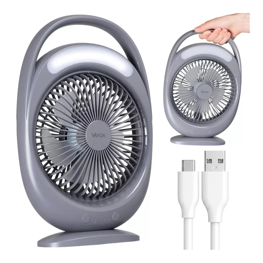 Genopladelig LED-bordventilator med LED-belysning LED/2,8 W/5 V USB 2400 mAh grå