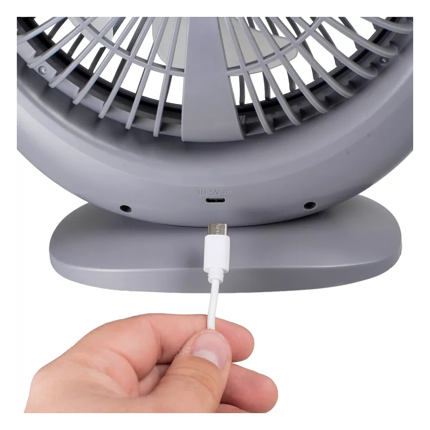 Genopladelig LED-bordventilator med LED-belysning LED/2,8 W/5 V USB 2400 mAh grå