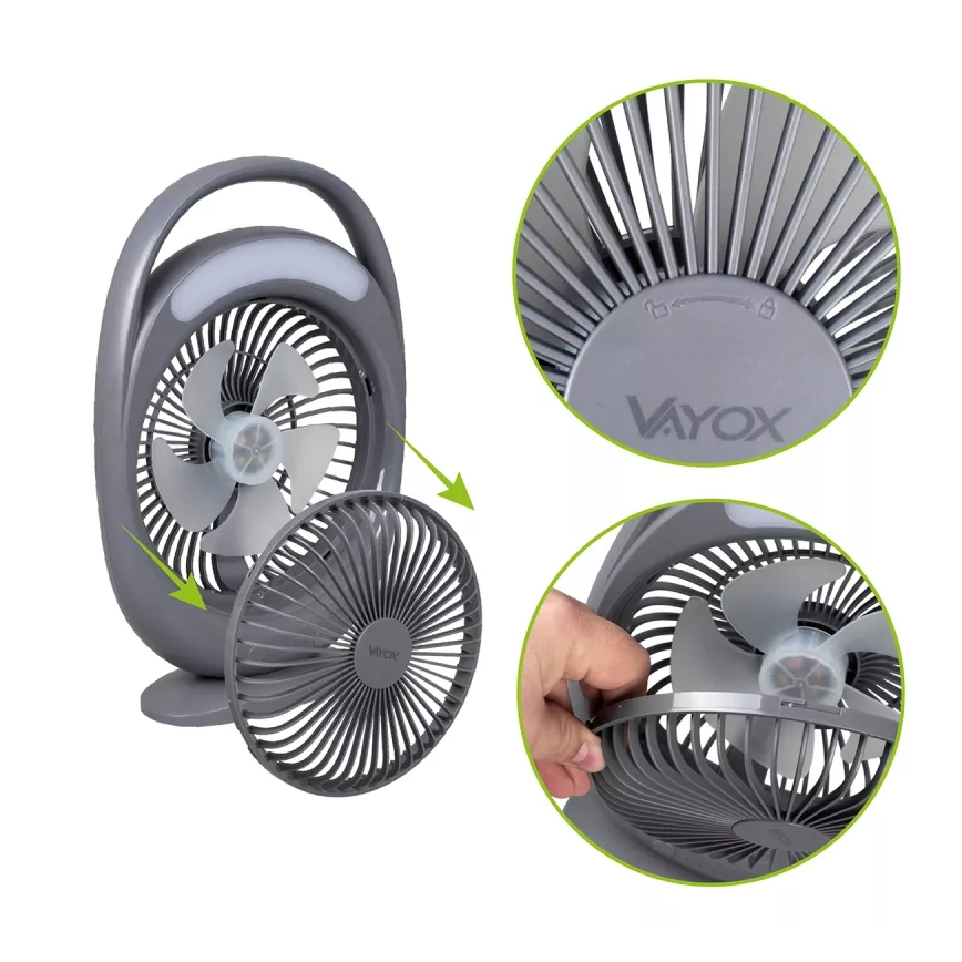 Genopladelig LED-bordventilator med LED-belysning LED/2,8 W/5 V USB 2400 mAh grå