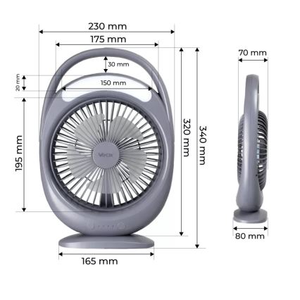 Genopladelig LED-bordventilator med LED-belysning LED/2,8 W/5 V USB 2400 mAh grå