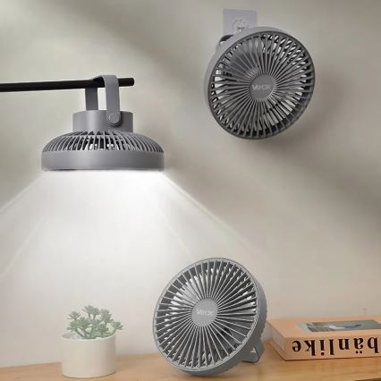 Genopladelig LED bordventilator med LED-lys LED/2W/5V USB 2400 mAh grå
