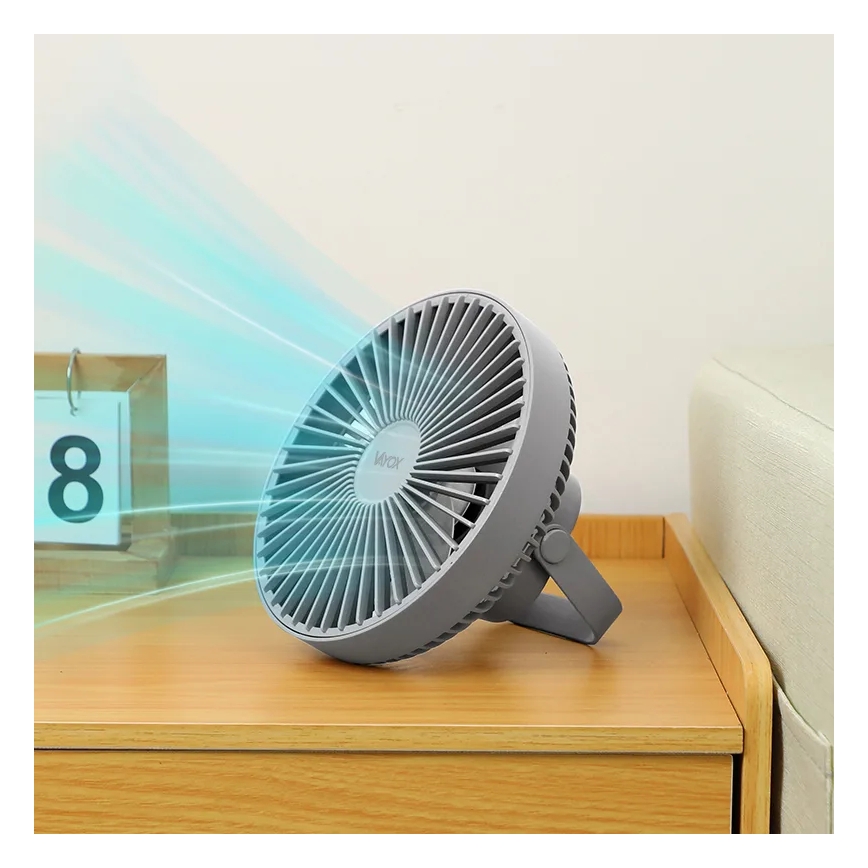 Genopladelig LED bordventilator med LED-lys LED/2W/5V USB 2400 mAh grå
