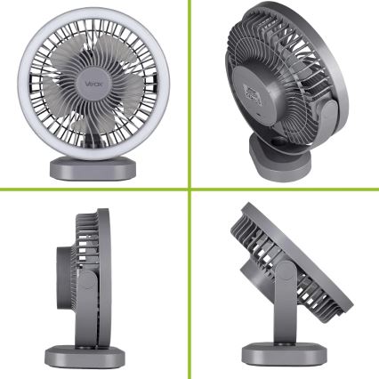 Genopladelig LED bordventilator med LED-lys LED/3W/5V USB 2400 mAh grå