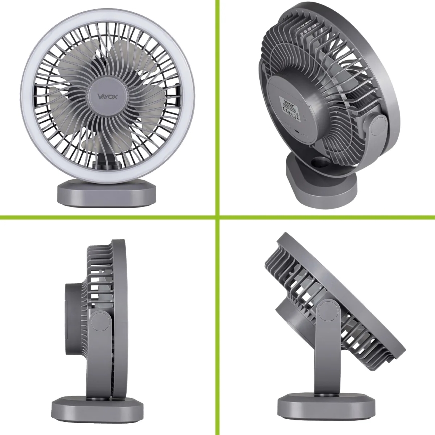 Genopladelig LED bordventilator med LED-lys LED/3W/5V USB 2400 mAh grå