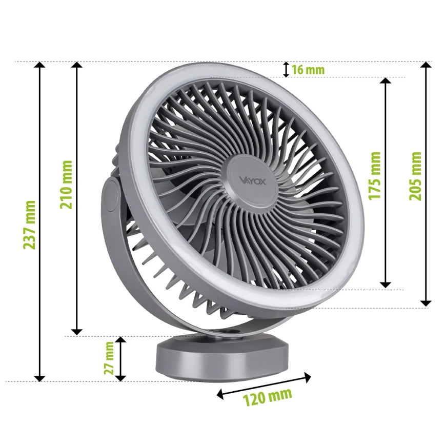 Genopladelig LED bordventilator med LED-lys LED/3W/5V USB 2400 mAh grå
