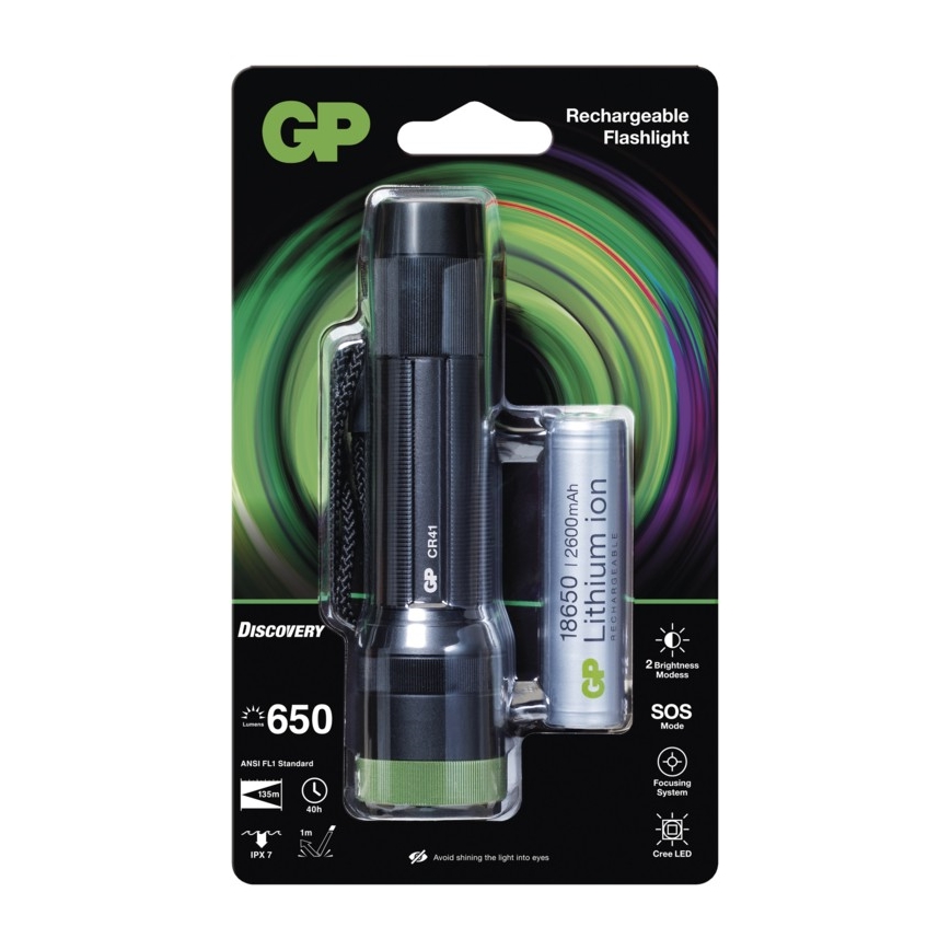 Genopladelig LED lommelygte GP DISCOVERY CR41 LED/Li-lon 3,7V IPX7
