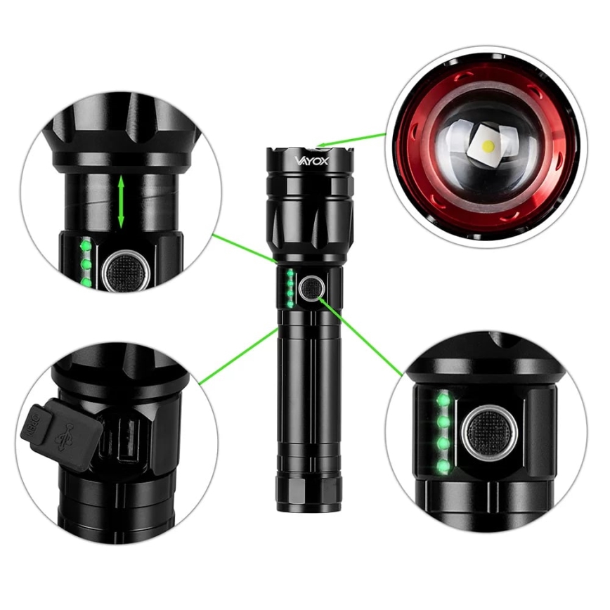 LED Genopladelig lommelygte m. powerbank dæmpbar funktion LED/30W/5V IPX5 1060 skinnende 5000 mAh
