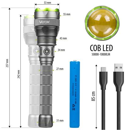 LED Genopladelig lommelygte m. powerbank dæmpbar funktion LED/5V IPX7 10000 skinnende 2600 mAh