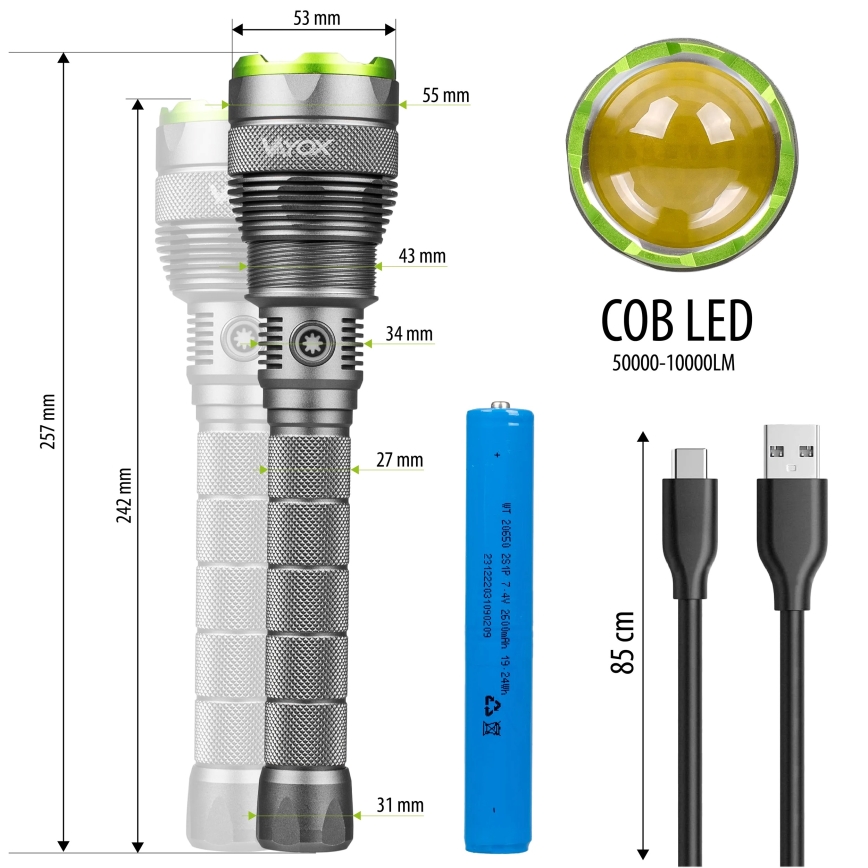 LED Genopladelig lommelygte m. powerbank dæmpbar funktion LED/5V IPX7 10000 skinnende 2600 mAh