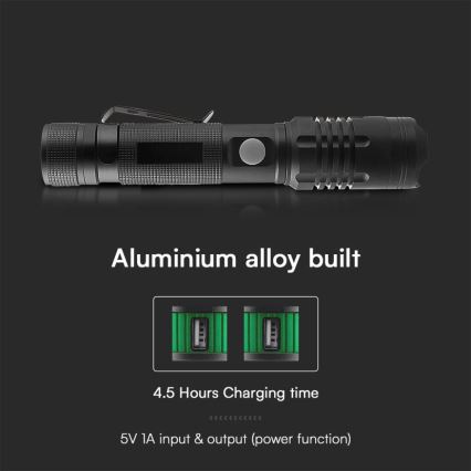 Genopladelig LED lommelygte USB LED/10W/5V IP54 2000 mAh 1000 skinnende