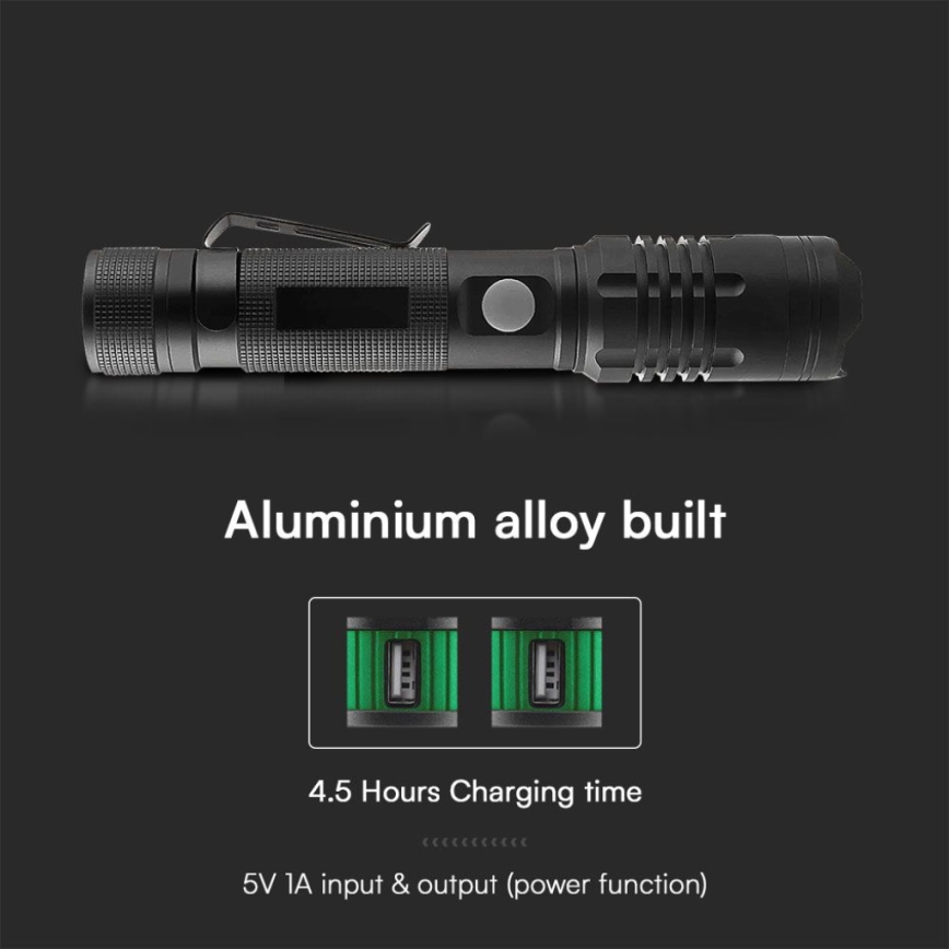 Genopladelig LED lommelygte USB LED/10W/5V IP54 2000 mAh 1000 skinnende