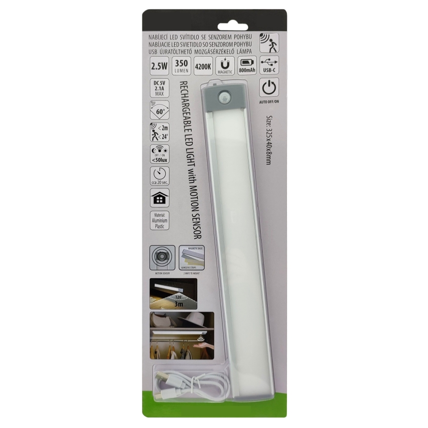 Genopladelig LED møbelbelysning med sensor LED/2,5W/5V USB 800 mAh 4200K 32,5 cm
