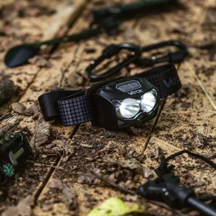 LED Dæmpbar genopladelig pandelampe med sensor og rødt lys 2xLED/5W/5V/3xAAA IP65 500 skinnende 1200 mAh