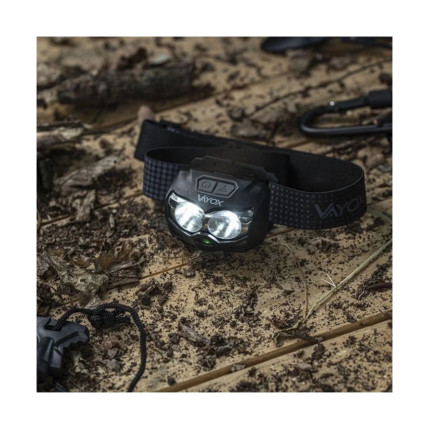 LED Dæmpbar genopladelig pandelampe med sensor og rødt lys 2xLED/5W/5V/3xAAA IP65 500 skinnende 1200 mAh