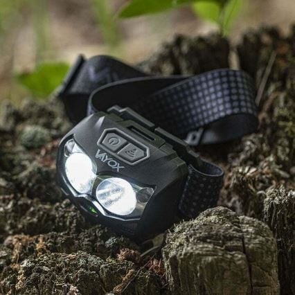 LED Dæmpbar genopladelig pandelampe med sensor og rødt lys 2xLED/5W/5V/3xAAA IP65 500 skinnende 1200 mAh