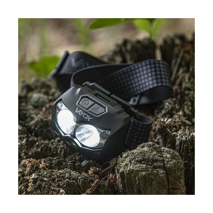 LED Dæmpbar genopladelig pandelampe med sensor og rødt lys 2xLED/5W/5V/3xAAA IP65 500 skinnende 1200 mAh