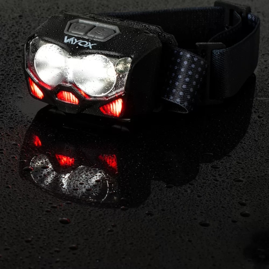LED Dæmpbar genopladelig pandelampe med sensor og rødt lys 2xLED/5W/5V/3xAAA IP65 500 skinnende 1200 mAh
