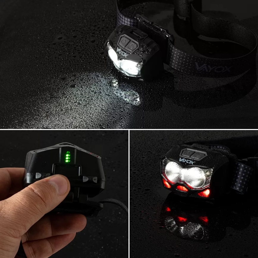 LED Dæmpbar genopladelig pandelampe med sensor og rødt lys 2xLED/5W/5V/3xAAA IP65 500 skinnende 1200 mAh