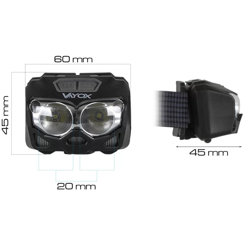 LED Dæmpbar genopladelig pandelampe med sensor og rødt lys 2xLED/5W/5V/3xAAA IP65 500 skinnende 1200 mAh