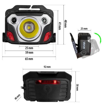 LED Dæmpbar genopladelig pandelampe med sensor med powerbank-funktion og rødt lys LED/10W/5V IP44 1200 skinnende 4000 mAh