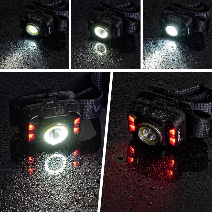 LED Dæmpbar genopladelig pandelampe med sensor og rødt lys LED/15W/5V IP66 430 skinnende 1800 mAh