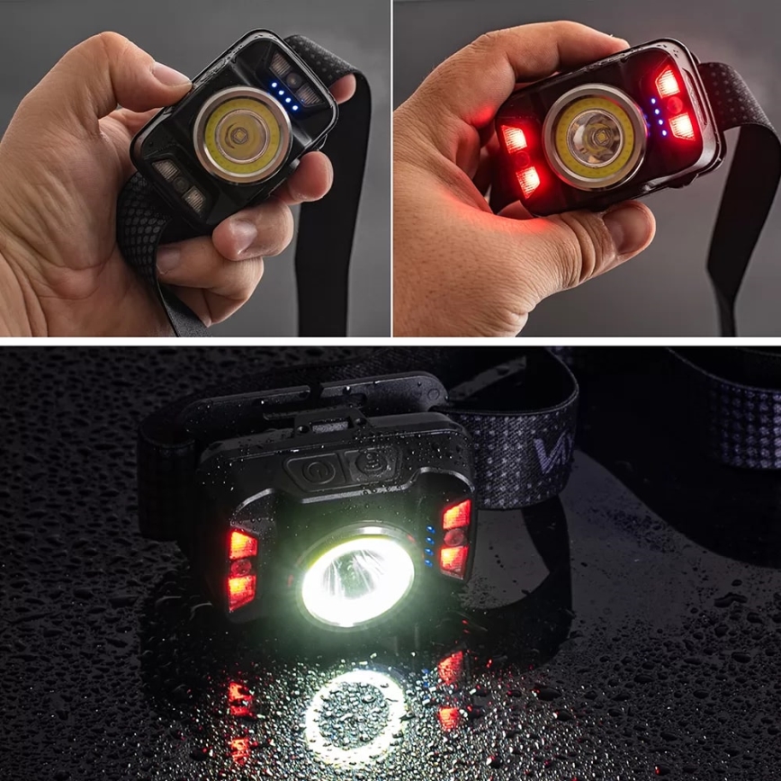 LED Dæmpbar genopladelig pandelampe med sensor og rødt lys LED/15W/5V IP66 430 skinnende 1800 mAh