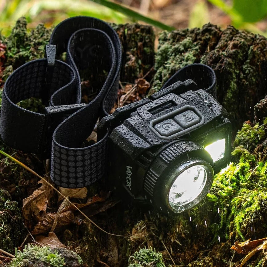 LED Dæmpbar genopladelig pandelampe med sensor og rødt lys LED/6W/5V/3xAAA IP44 500 skinnende 1200 mAh