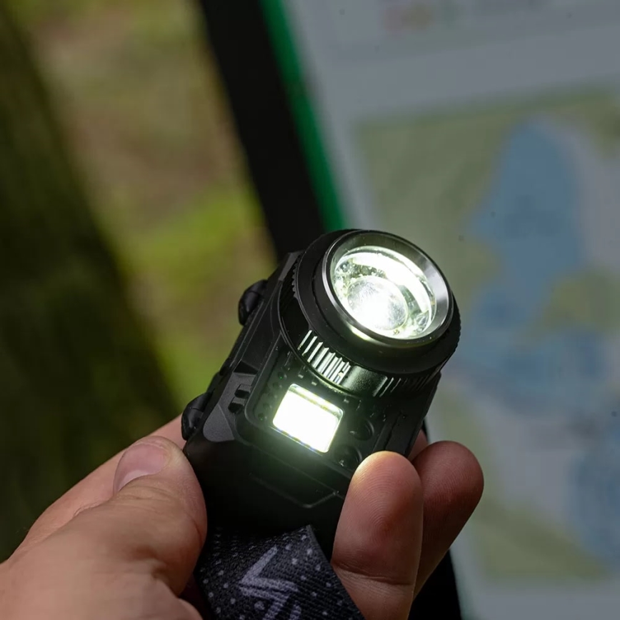 LED Dæmpbar genopladelig pandelampe med sensor og rødt lys LED/6W/5V/3xAAA IP44 500 skinnende 1200 mAh