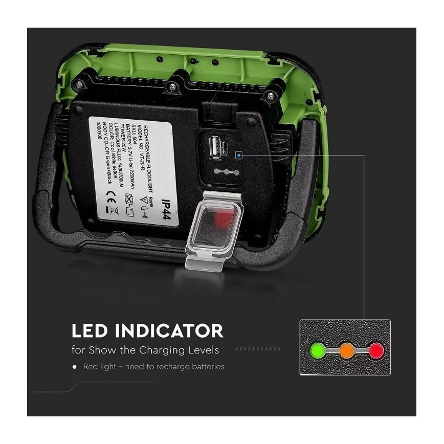 Genopladelig LED projektør SAMSUNG CHIP + SOS-funktion LED/10W/3,7V/USB IP44 4000K grøn